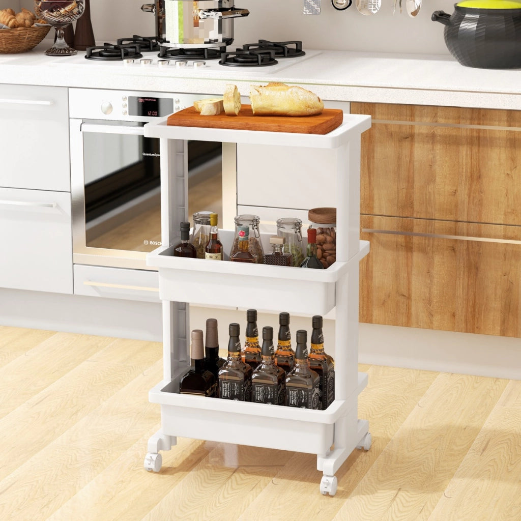 Carrello a 3 piani con piano d'appoggio, Carrello portaoggetti con ruote bloccabili per cucina bagno ufficio Bianco
