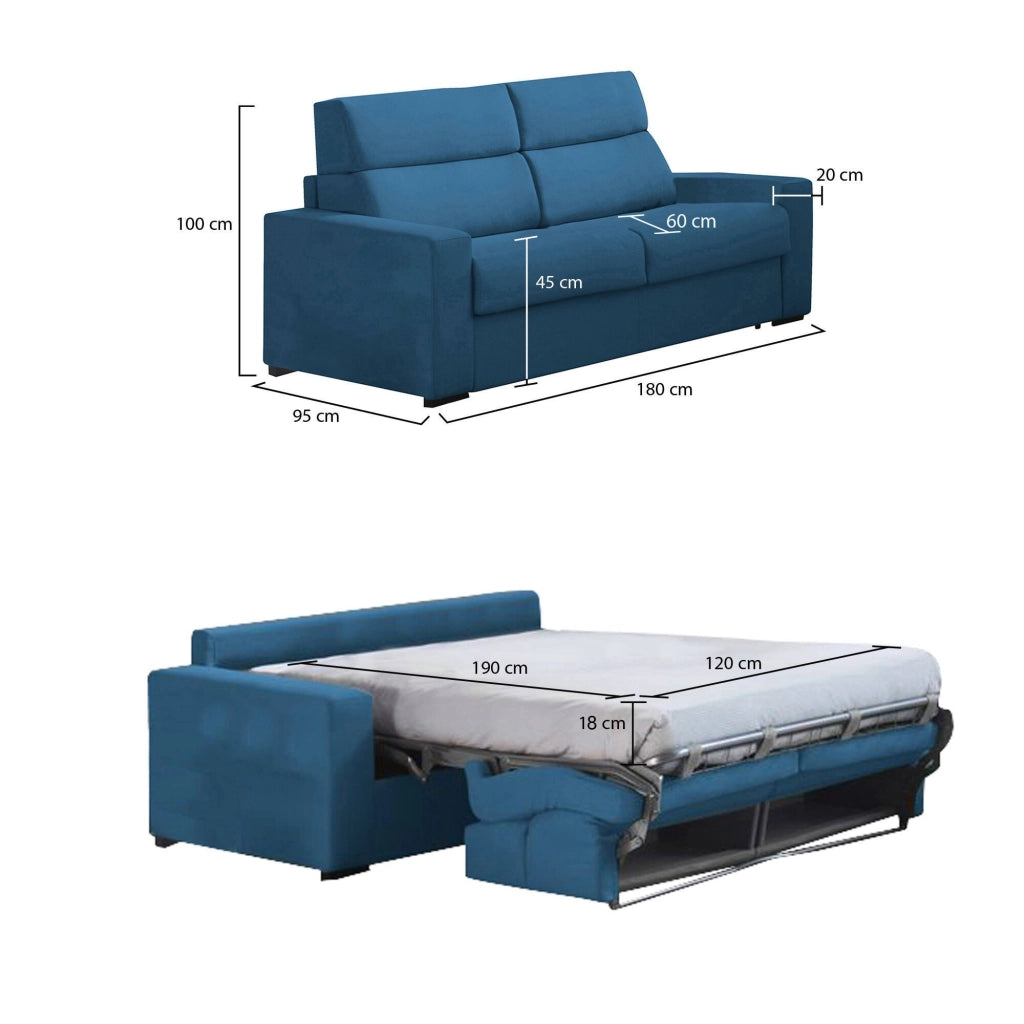 None, Divano Letto 2 Posti Sfoderabile Made in Italy, 180x95 cm blu