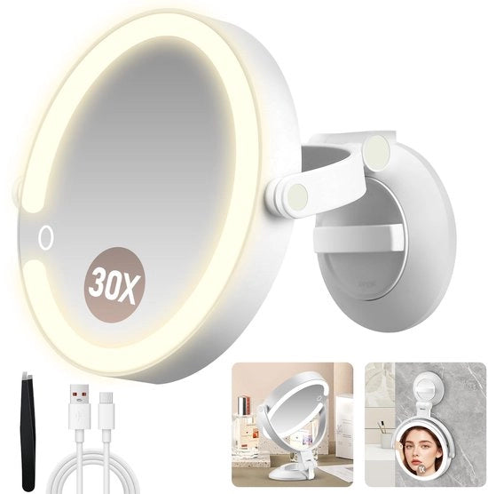 Specchio 30x con aumento, con gancio, doppio specchio cosmetico con illuminazione, specchio da bagno con 3 impostazioni di illuminazione, adatto per camere e bagni