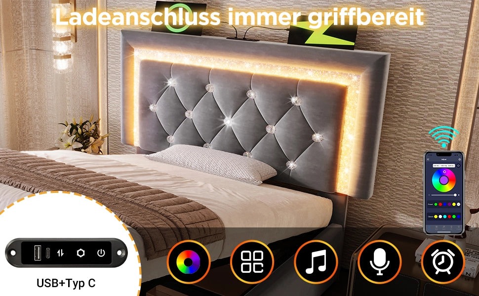 Letto Imbottito Singolo con Contenitore Idraulico e LED ¨C MINIMAL ¨C Velluto Grigio 90x200