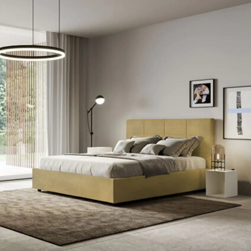 Letto matrimoniale francese con rete imbottito 140x200 microfibra ocra Mika