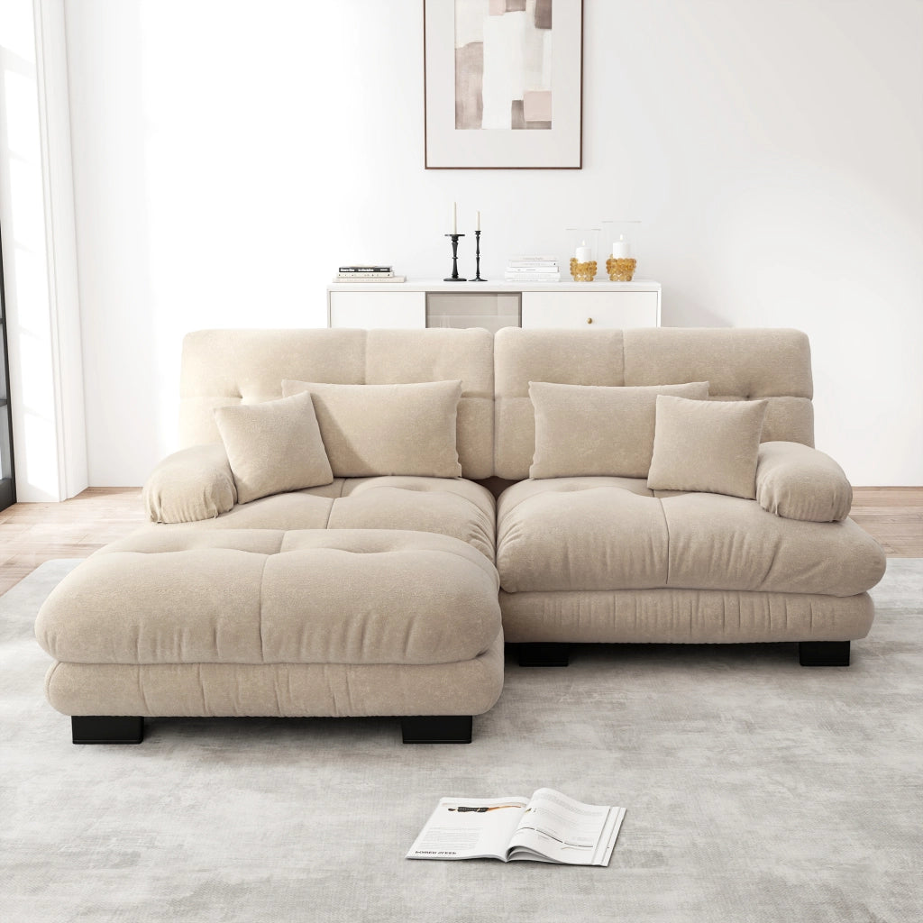 Divano angolare modulare in chenille con cuscini lombari e ottomano, marrone chiaro