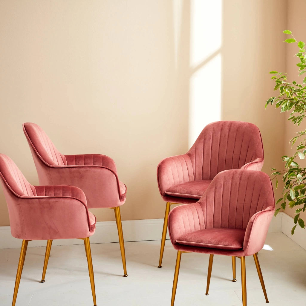 Set di 4 poltrone in velluto con gambe in metallo, rosa antico