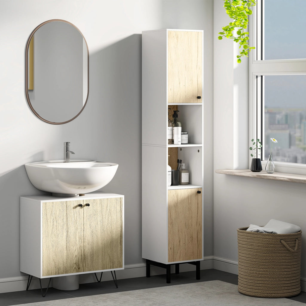 Colonna da Bagno con 6 Compartimenti ¨C Minimal ¨C 31.5x30x169 cm Bianco e Rovere