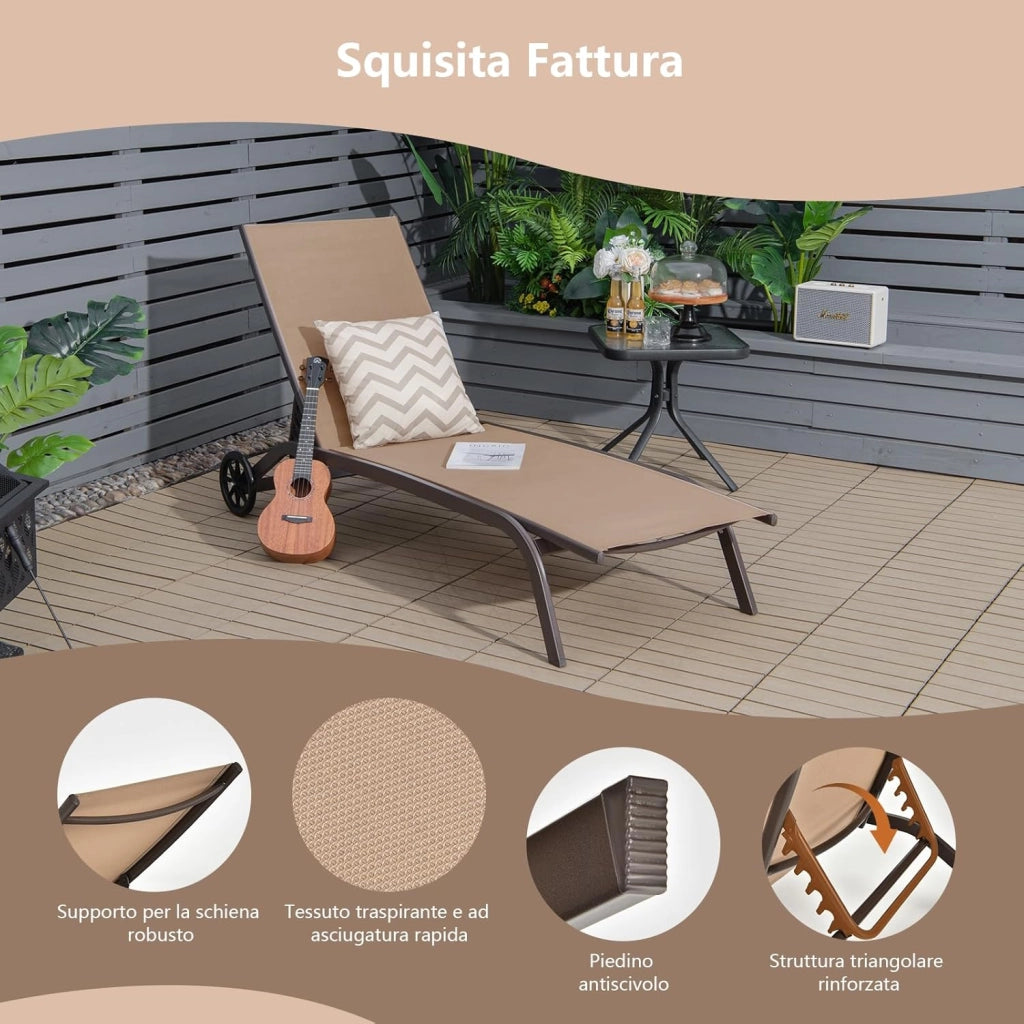 Lettino Prendisole da Giardino, Sdraio da Giardino con Ruote, Schienale Regolabile in 6 Posizioni, per Spiaggia, Piscina e Balcone, Portata 150 kg (Marrone)