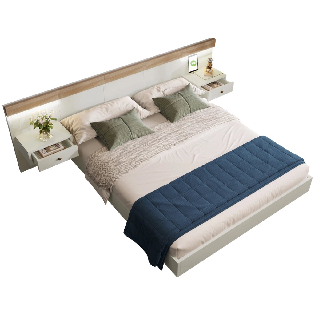 Letto Matrimoniale 140x200 cm - 2 Comodini LED; USB e Type-C - in Legno - Bianco Rovere