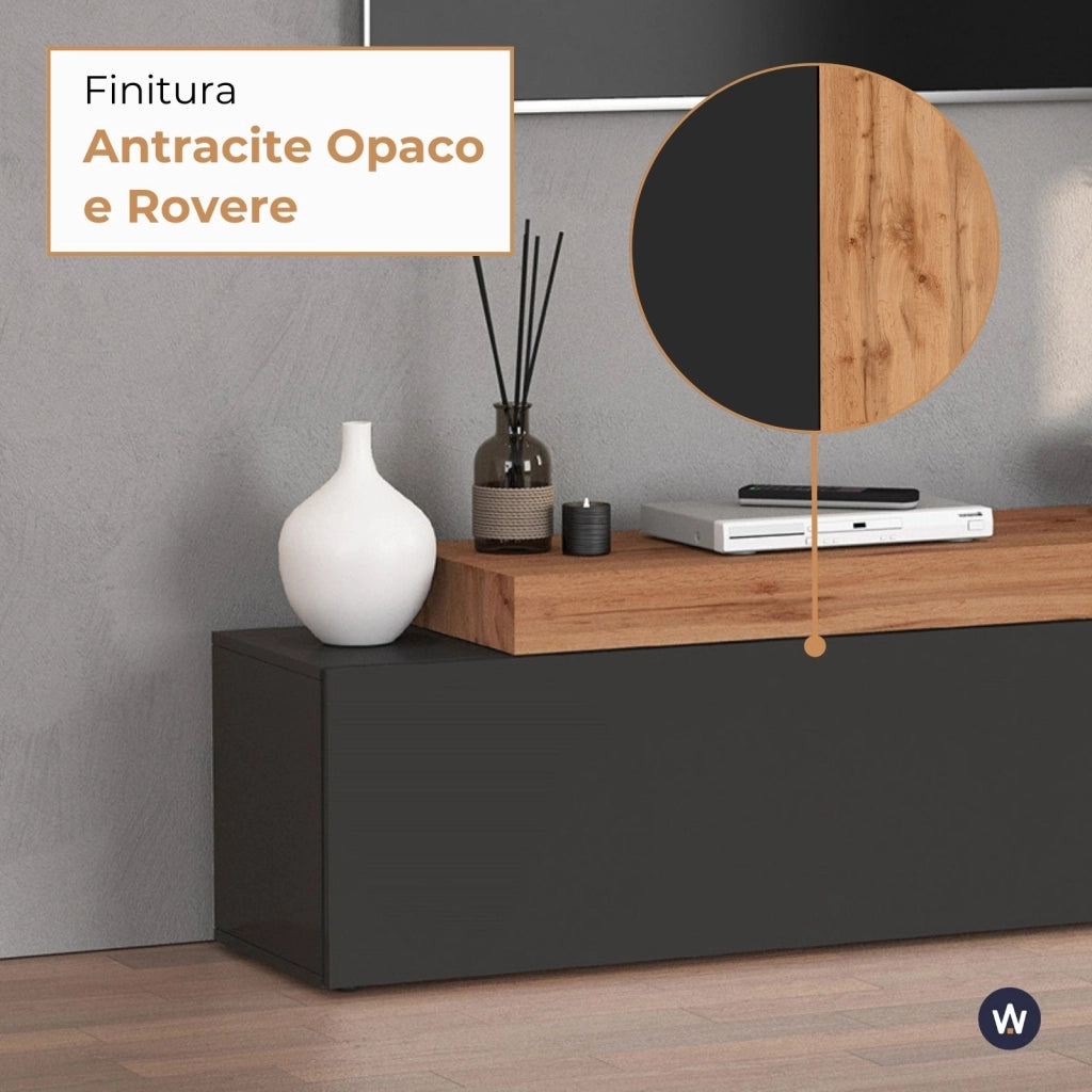 WHOUS Mobile porta tv Chronos estensibile con 1 anta a ribalta antracite/rovere 190/350x40x51 cm
