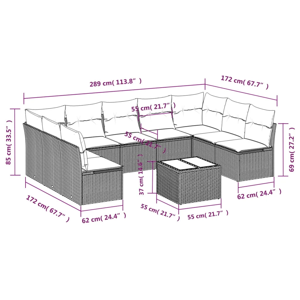 Set Divano Giardino 10 pz con Cuscini Grigio Chiaro Polyrattan 3249921