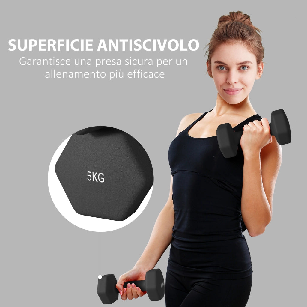 Manubri Esagonali da 5 kg ¨C Minimal ¨C Nero, Metallo e Plastica