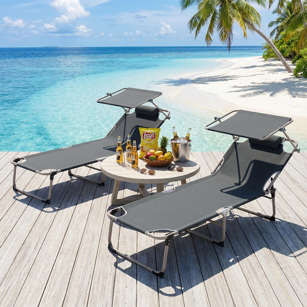 Lettino Prendisole da Spiaggia Pieghevole Schienale Reclinabile Parasole Grigio