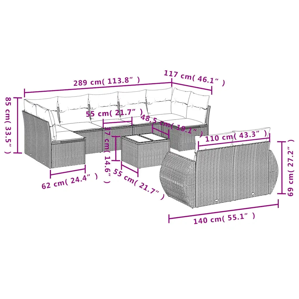 Set Divani da Giardino 10pz con Cuscini in Polyrattan Marrone 3221832