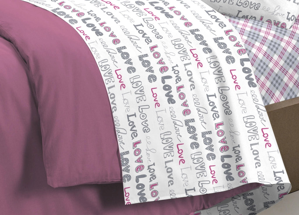 Completo Lenzuola Letto Linea Young 100% Cotone Disegno Love Love - Piazza E Mezza - Rosa