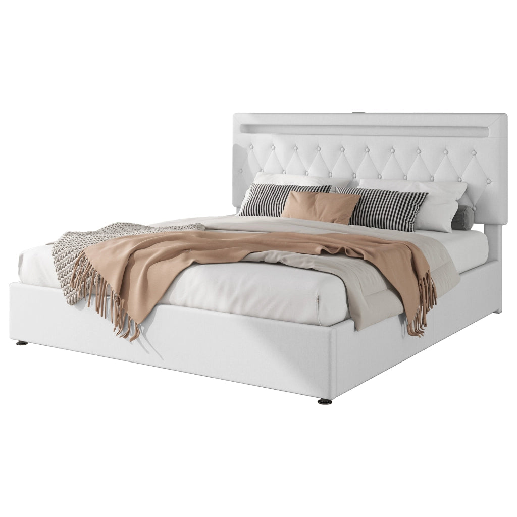 Letto doppio imbottito 180x200cm con ripostiglio; USB e Tipo C in bianco