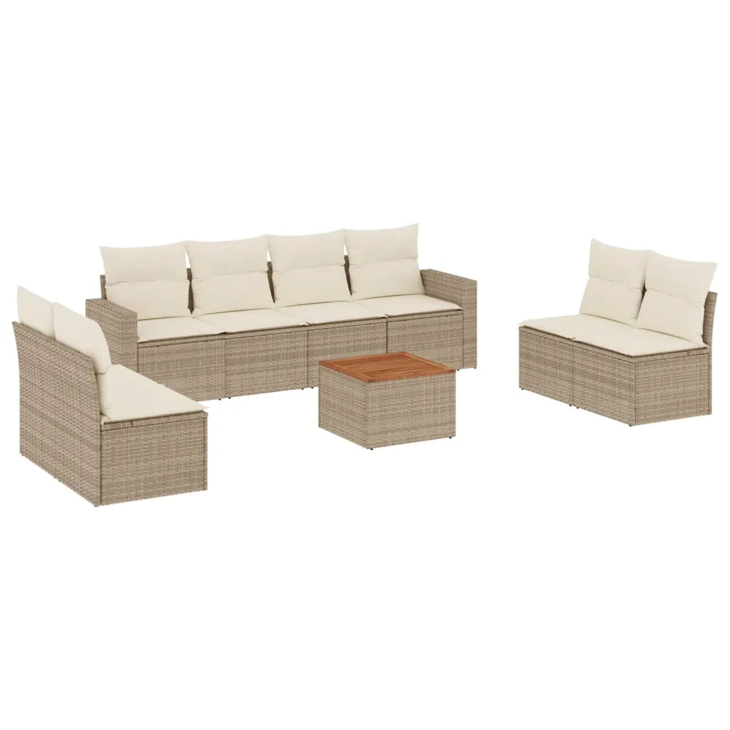 Set Divano da Giardino 9 pz con Cuscini Beige in Polyrattan