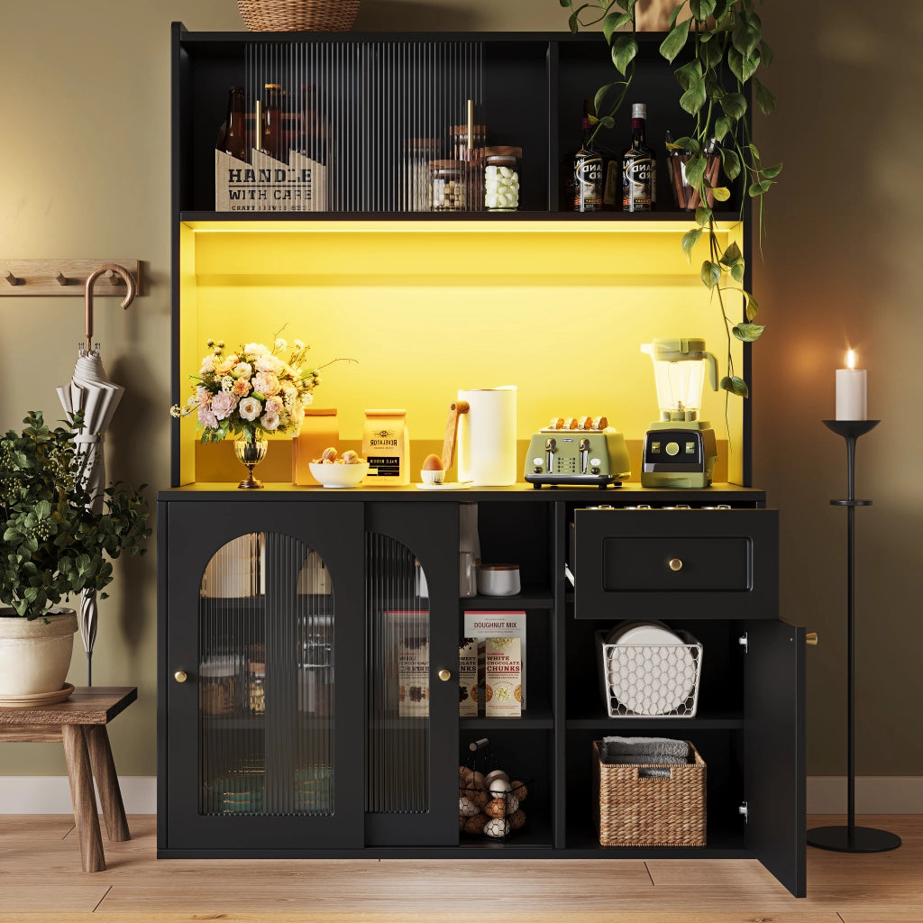 Credenza con LED ¨C MINIMAL ¨C Nero, Ante a Vetro, Ripiani Regolabili