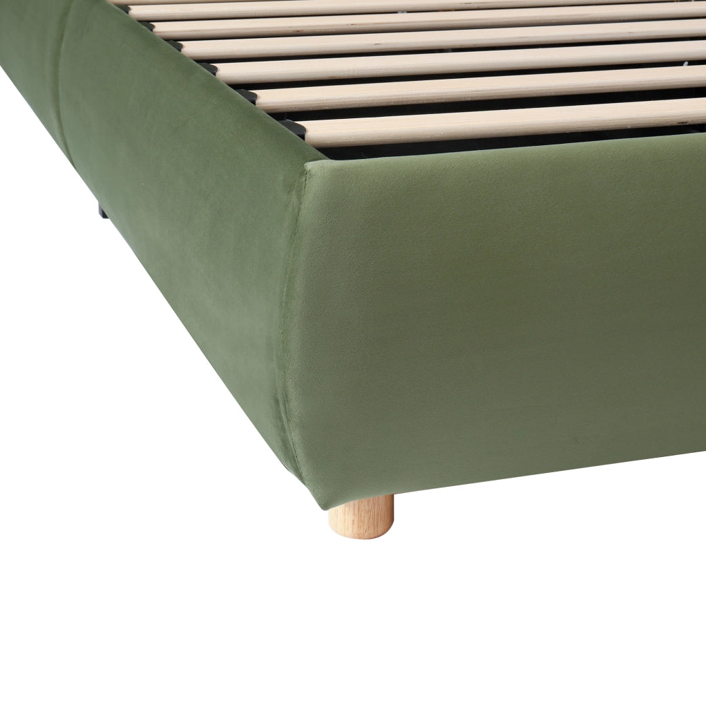 Letto singolo imbottito 90x200 cm con contenitore e rete a doghe; velluto verde