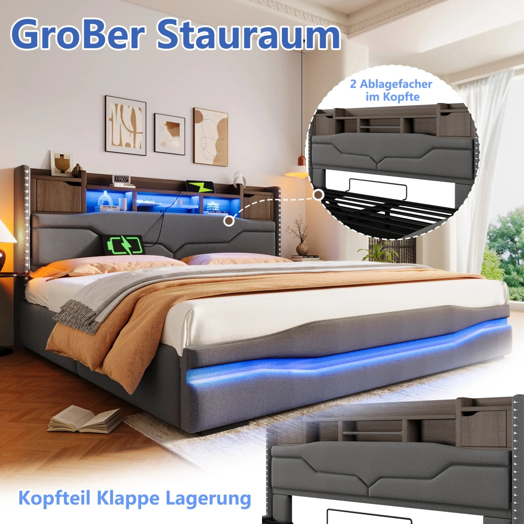 Letto imbottito grigio 180x200 con USB-C LED testiera con vano sollevamento idraulico