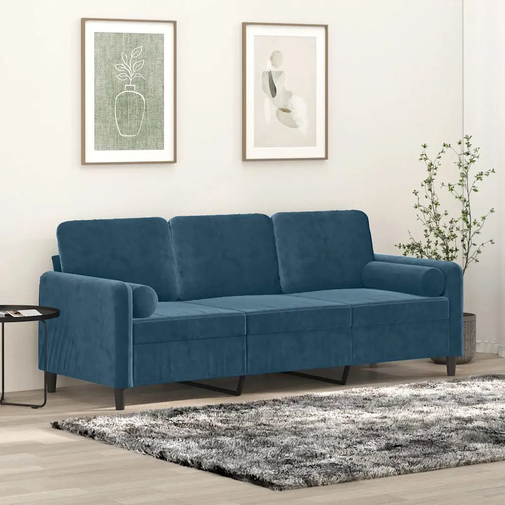 Divano a 3 Posti con Cuscini Blu 180 cm in Velluto