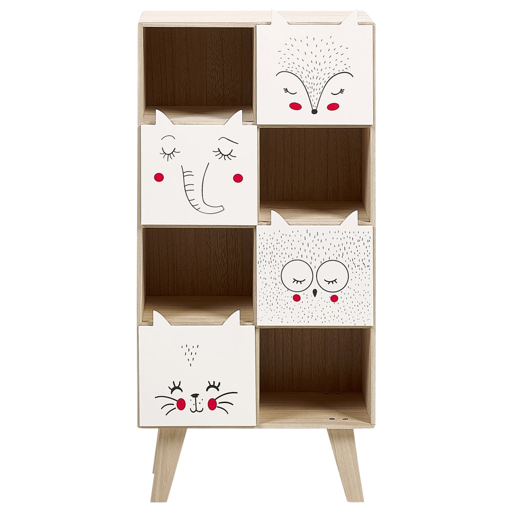 Libreria a 4 livelli in legno chiaro e MDF bianco Cassetti scaffali