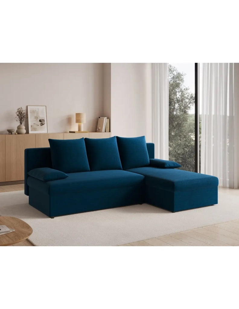 Divano ad angolo Blu notte 3 posti compatto con contenitore 206x90x146cm GINA