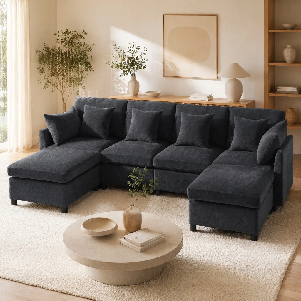 Divano modulare 4-6 posti con 2 pouf e 6 cuscini; 278x161x81 cm; in chenille grigio