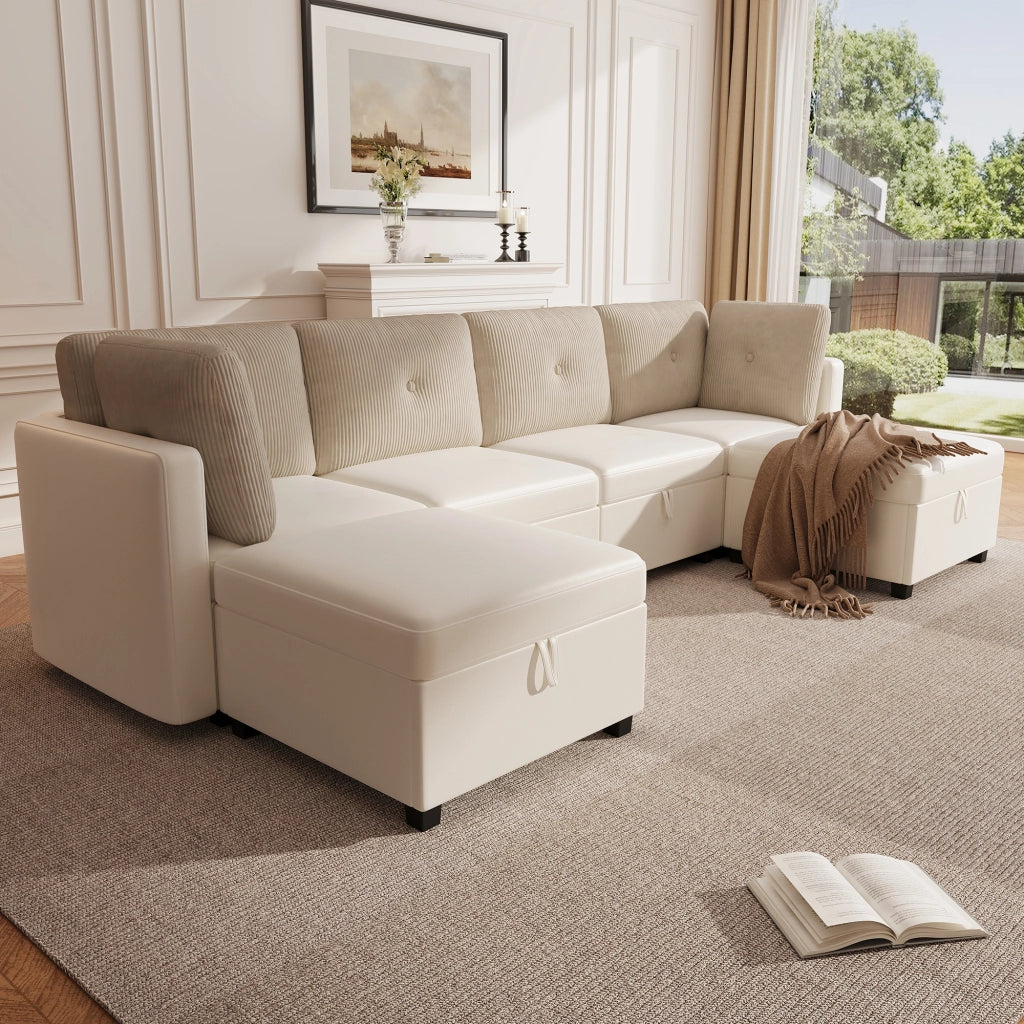 Divano Angolare Modulare 6 Posti con Contenitore, Trasformabile ¨C Xylo ¨C Velluto e Tessuto Grigio