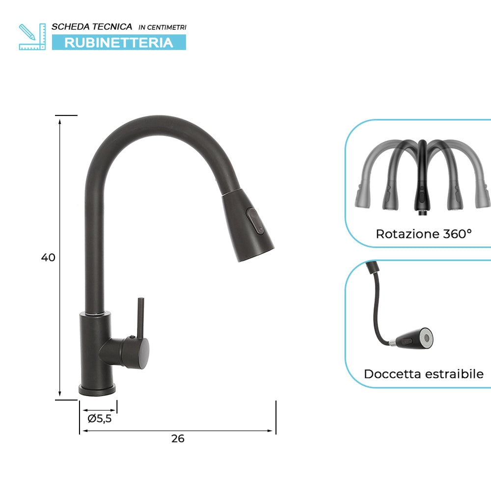 MISCELATORE RUBINETTO LAVELLO CUCINA ACCIAIO NERO OPACO + DOCCETTA ESTRAIBILE "KITCHEN" FERIDRAS