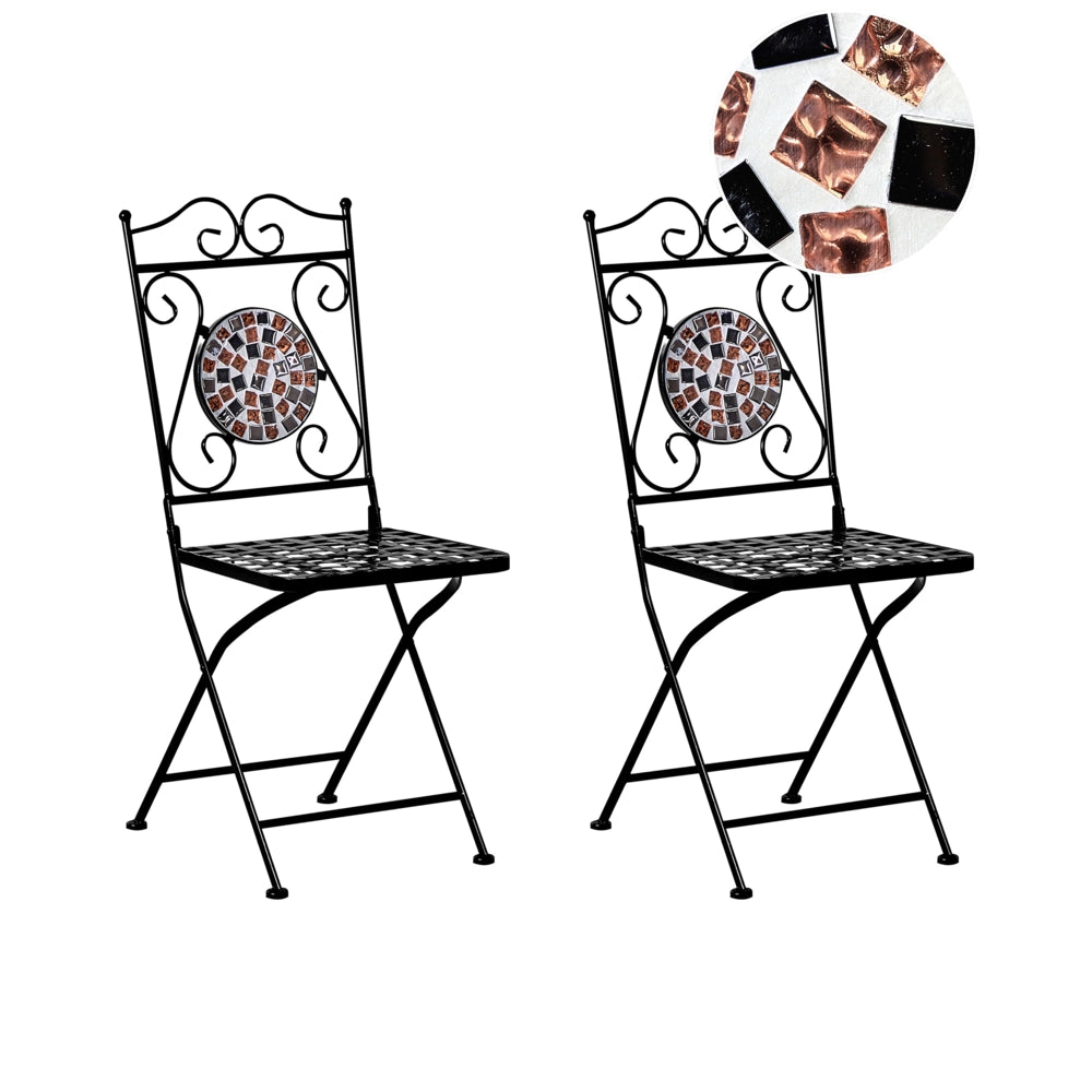 Set di 2 sedie da giardino in metallo nero pieghevoli con motivo a mosaico stile vintage balcone