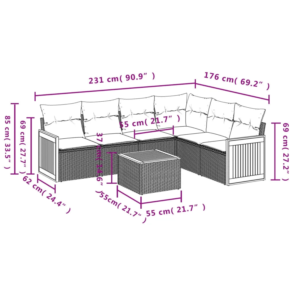 Set Divani da Giardino 7 pz con Cuscini Grigio in Polyrattan