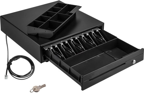 Cassafissa 12V con 5 Cassetti biglietti e 8 Cassetti monete per sistemi POS, Cassafissa moneta estraibile, 2 Bottoni, Cavo RJ11/RJ12