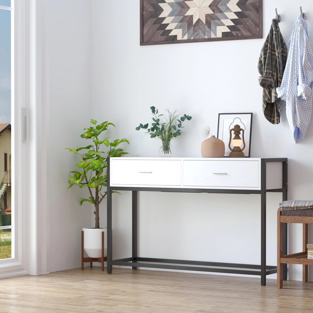 Consolle con 2 Cassetti e Gambe Regolabili ¨C zephmum ¨C Bianco e Nero 120x34x81 cm