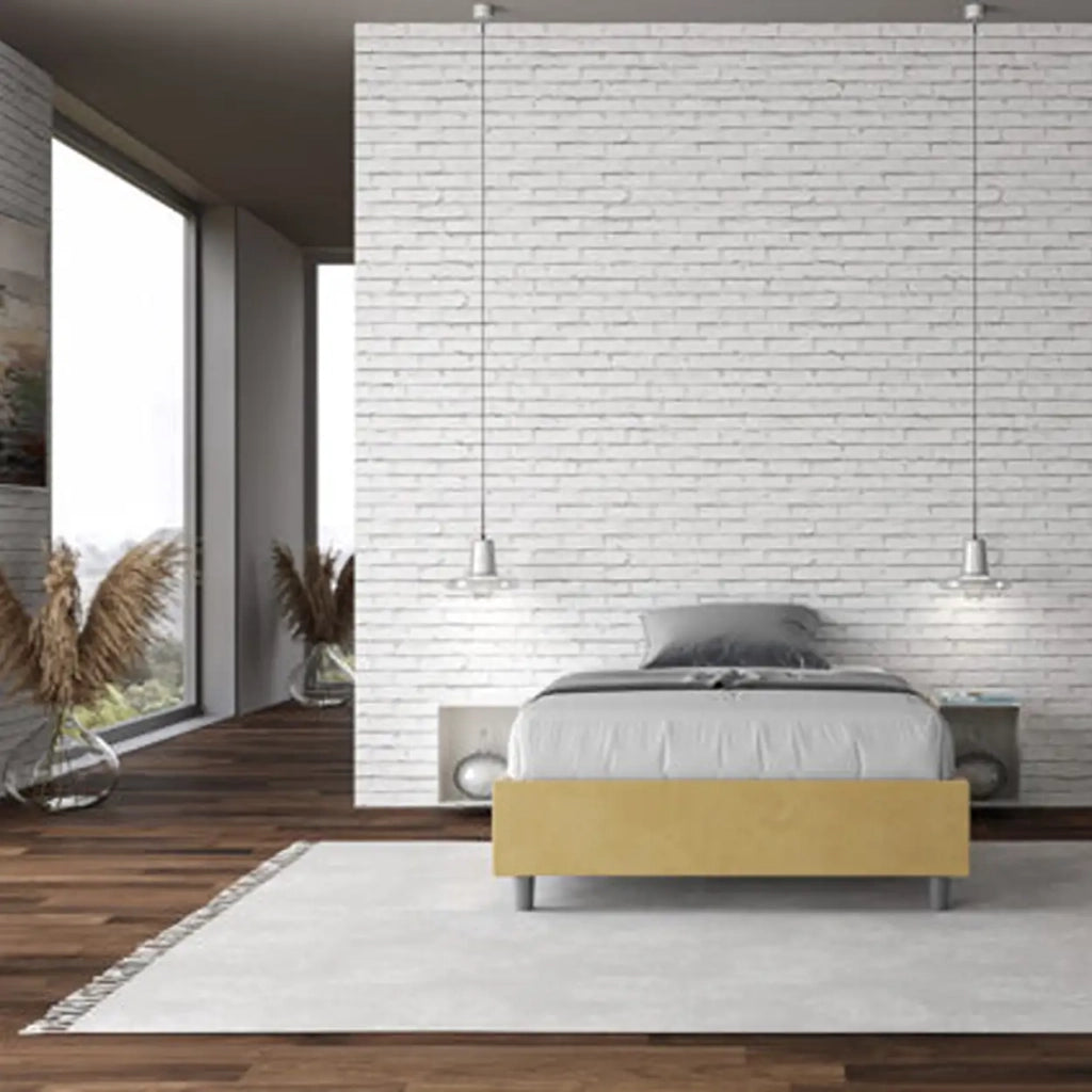 Letto una piazza e mezza con rete imbottito 120x200 microfibra ocra Azelia