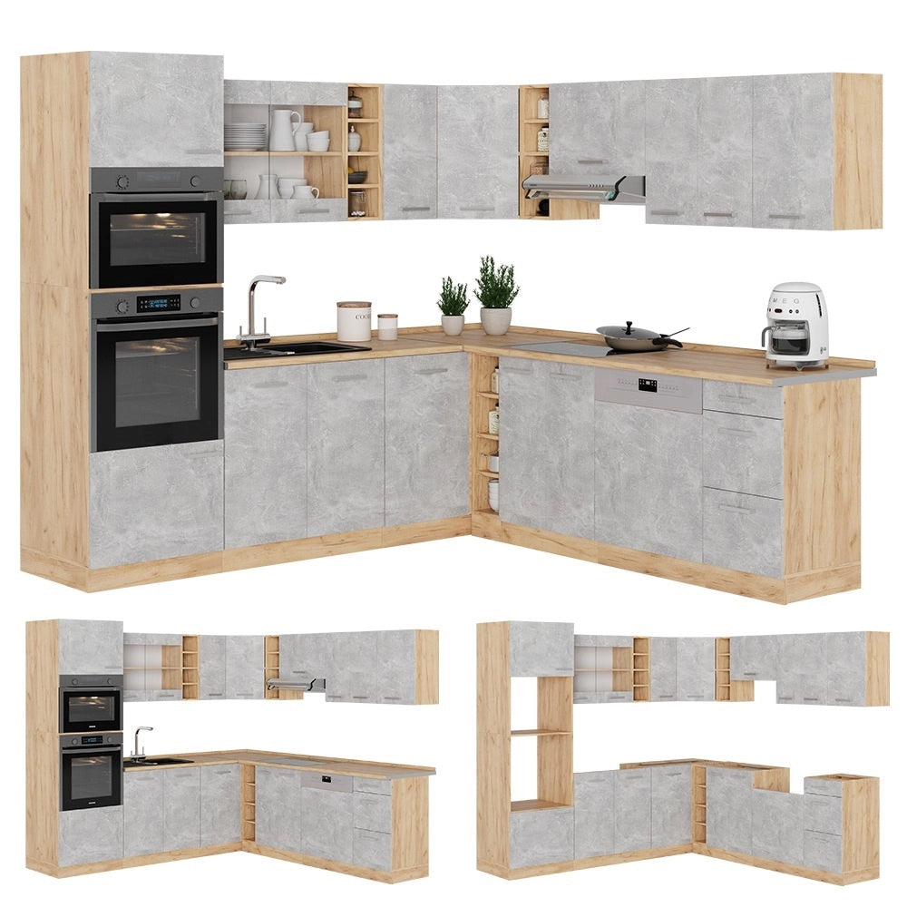 Cucina angolare completa R-Line Calcestruzzo/Rovere dorato 247 x 237 cm, PL Rovere Vicco