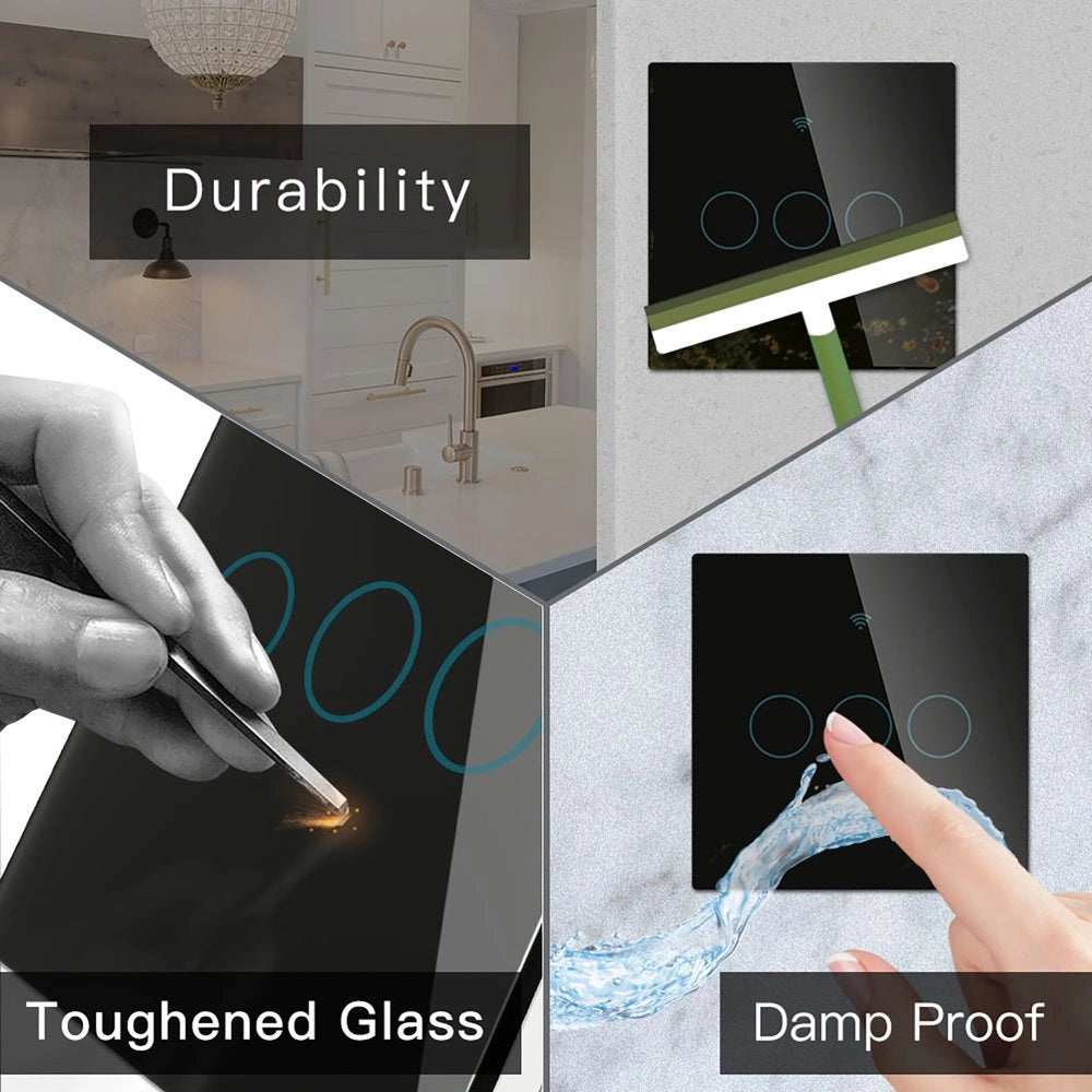Interruttore Da Parete Touch 3 Tasti, WIFI 2.4G+BLE+RF 433MHz, Bluetooth BLE Mesh TUYA, Smart Life, 10A, AC 90-250V, 50/60HZ, 86X86X30mm Per Scatola 502, IP20, Nero, SH9443B