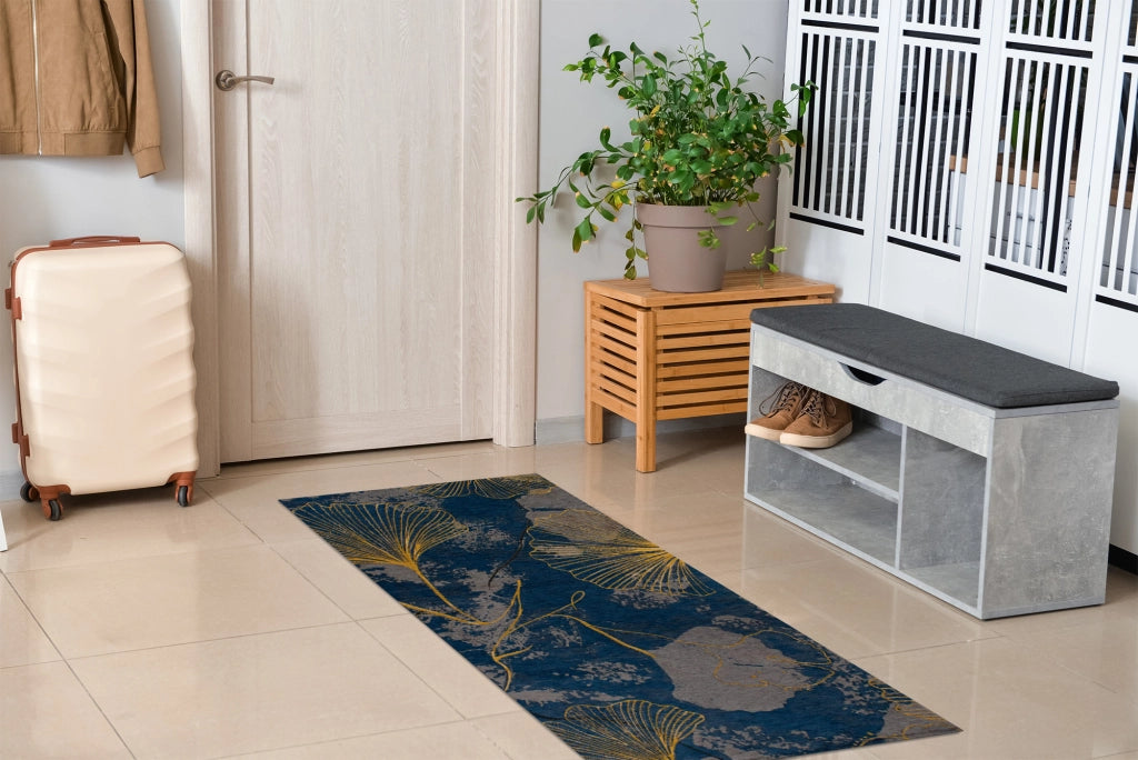 Tappeto Arredo Moderno Morbido in Ciniglia Ingresso Antiscivolo Prodotto Italiano  Soggiorno Camera Salotto Disegni Piazzati Cotone Varie Misure Grande Ginko/Indaco - 115x175 cm