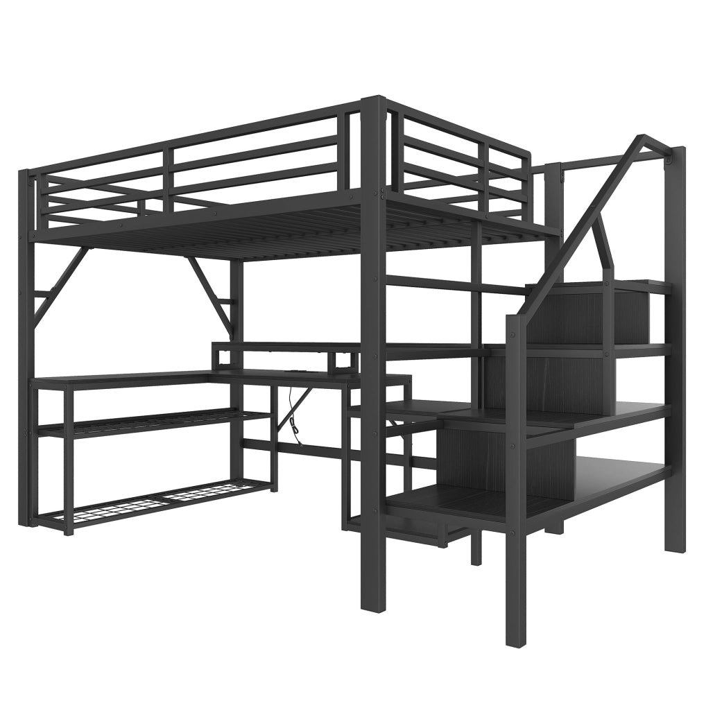 Letto a soppalco 140x200 cm in metallo e MDF; con scrivania; LED e USB; nero