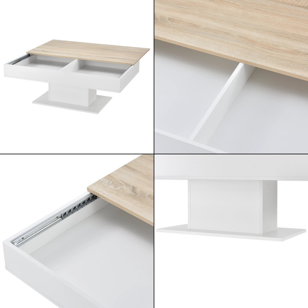 Tavolino da Salotto Lünen con Piano Scorrevole 40 x 110 x 60 cm Bianco / Effetto Rovere [en.casa]