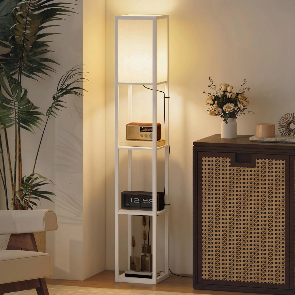 Lampada da Terra con Ripiani, Luce Regolabile, Interruttore a Pedale e Porte USB, Bianco