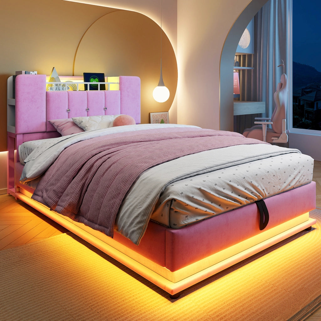 Letto singolo per bambini con LED e USB - Xylo - 90x200 - Rosa - Regolazione idraulica