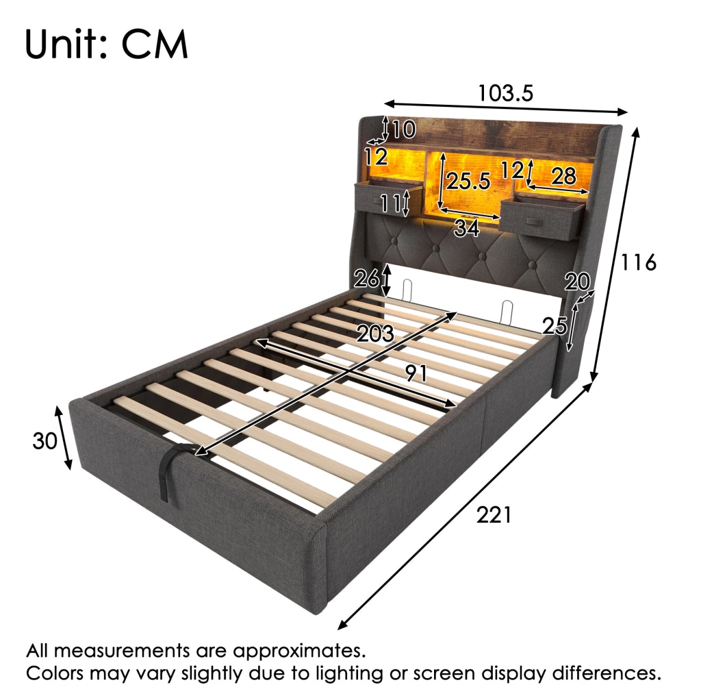 Letto singolo 90x200 cm contenitore con LED; USB C e tessuto lino grigio