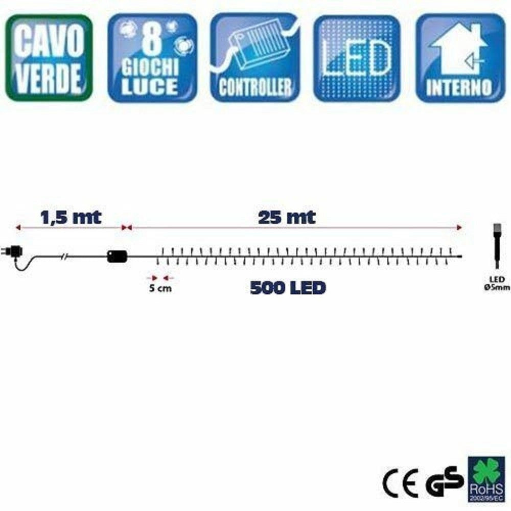 Trade Shop - Catena Luminosa 500 Luci Led Lucciole Multicolor Controller 8 Funzioni Esterno -