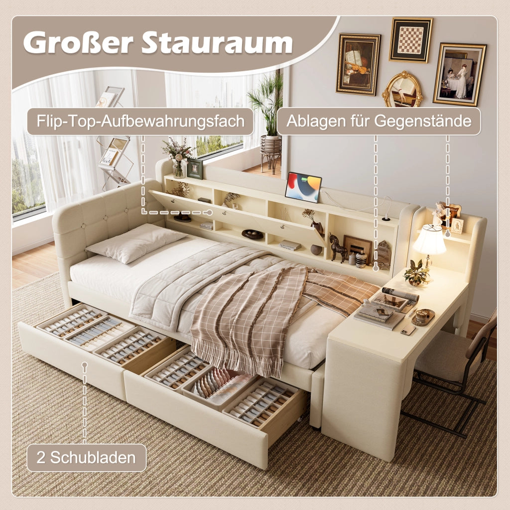 LETTO 90x200 cm in lino beige con 2 cassetti, scrivania, USB e Tipo C