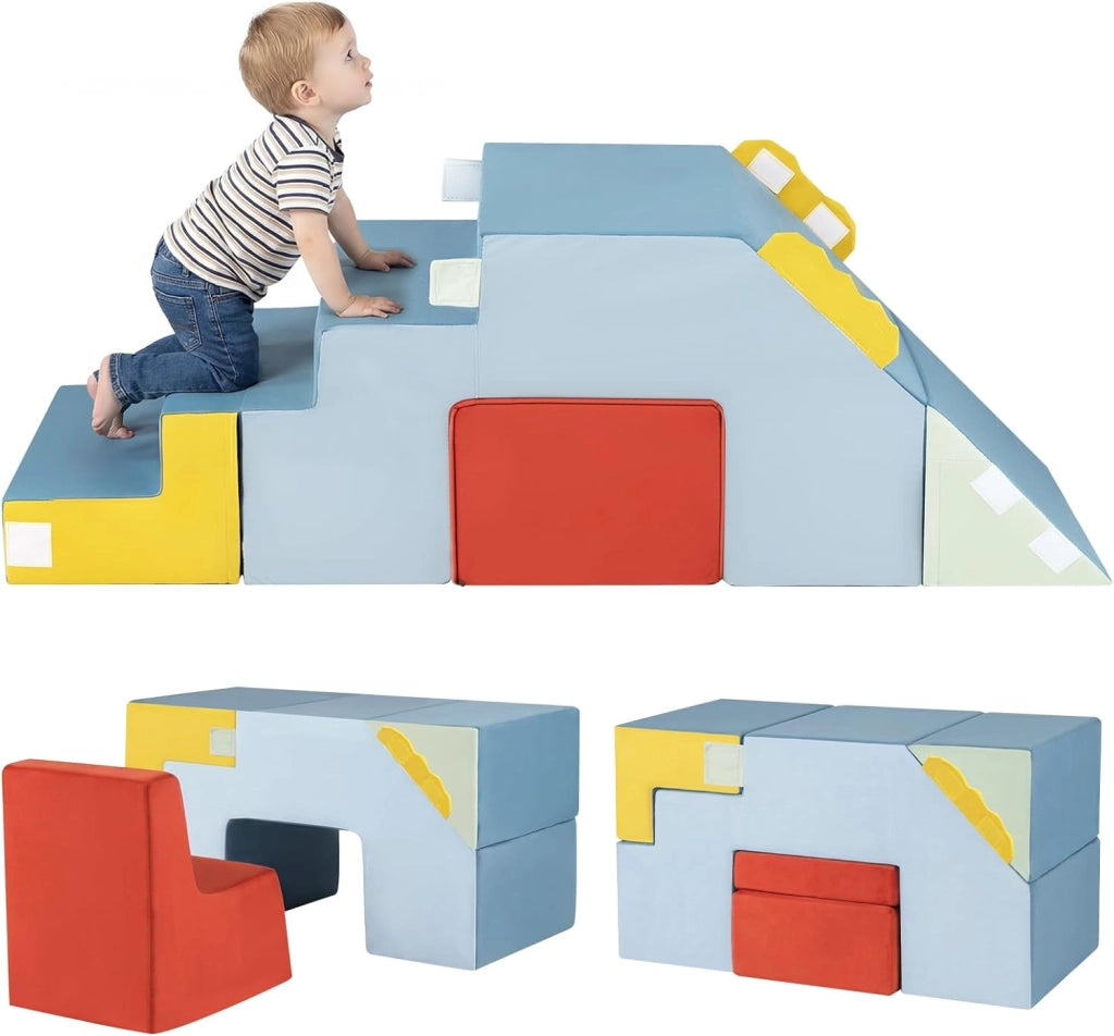 Set di 4 Blocchi da Arrampicata con Scivolo e Scale, Blocchi Morbidi in Schiuma per Gattonare, Coperture in Velluto, Set Tavolo e Sedia Convertibile per Cameretta
