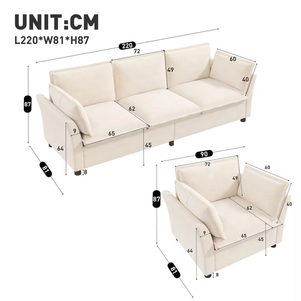 Divano modulare 3 posti con 2 poltrone e cuscini; in chenille beige