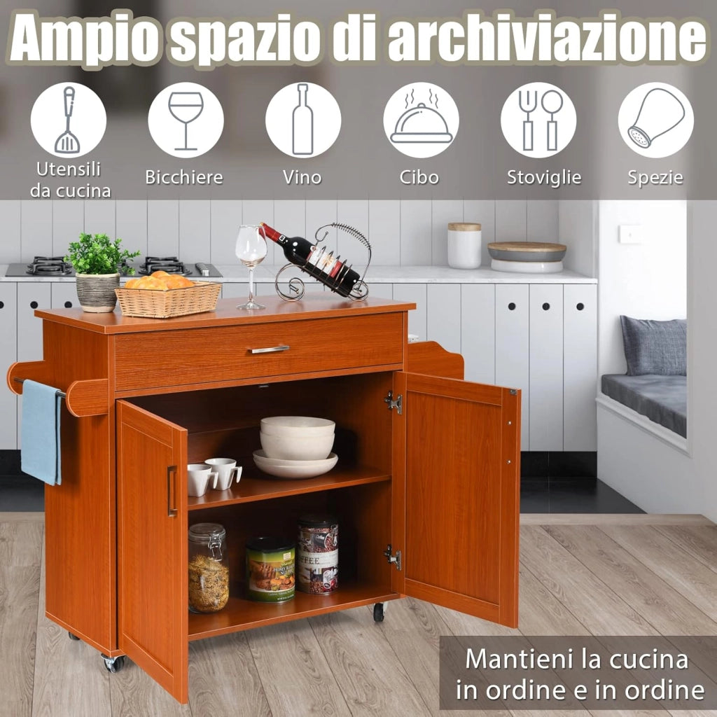 Carrello da Cucina con Ruote di Gomma, Scaffale per Microonde Carrello Servizio, Mobile Cucina con Ripiani e Ante, Credenza Cucina Legno Moderno Elegante, 116 x 37 x 85 cm (Marrone)