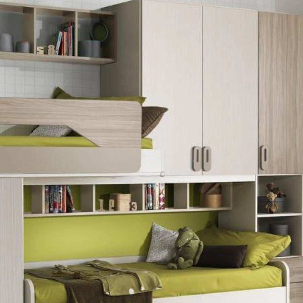 Cameretta soppalco Milly con 3 letti colore talco verde e brown