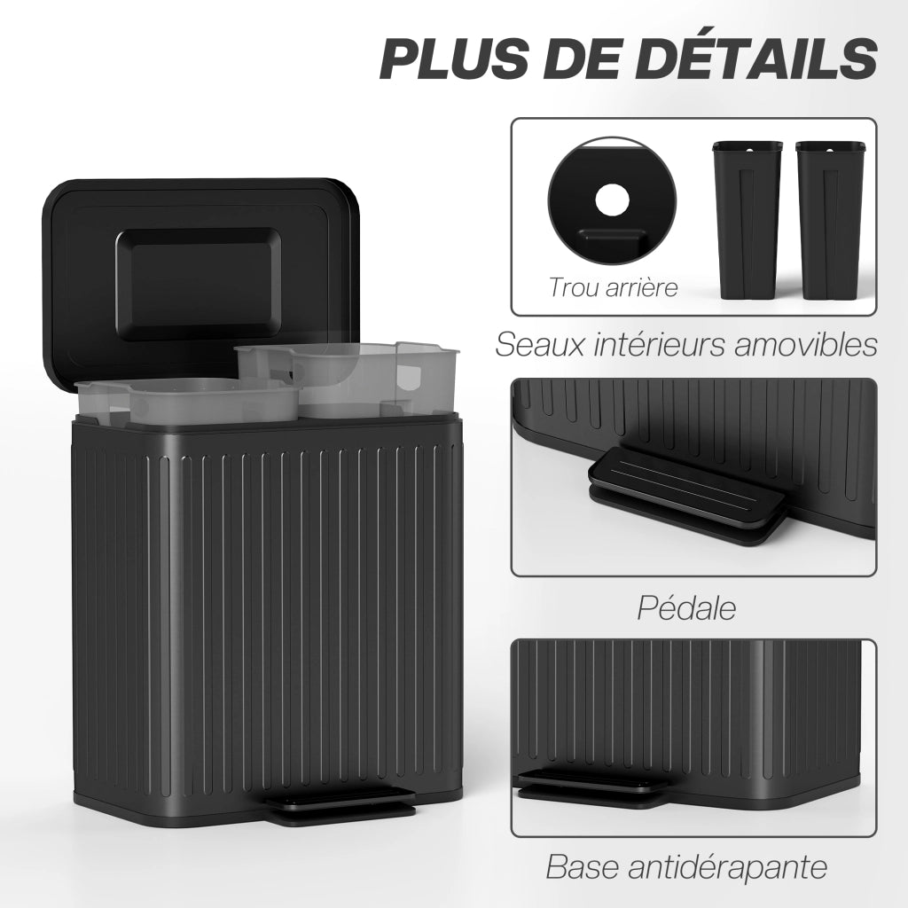 Cestino Doppio Compartimento 2x20L con Pedale ¨C Minimal ¨C 45.5x36.5x51cm Nero