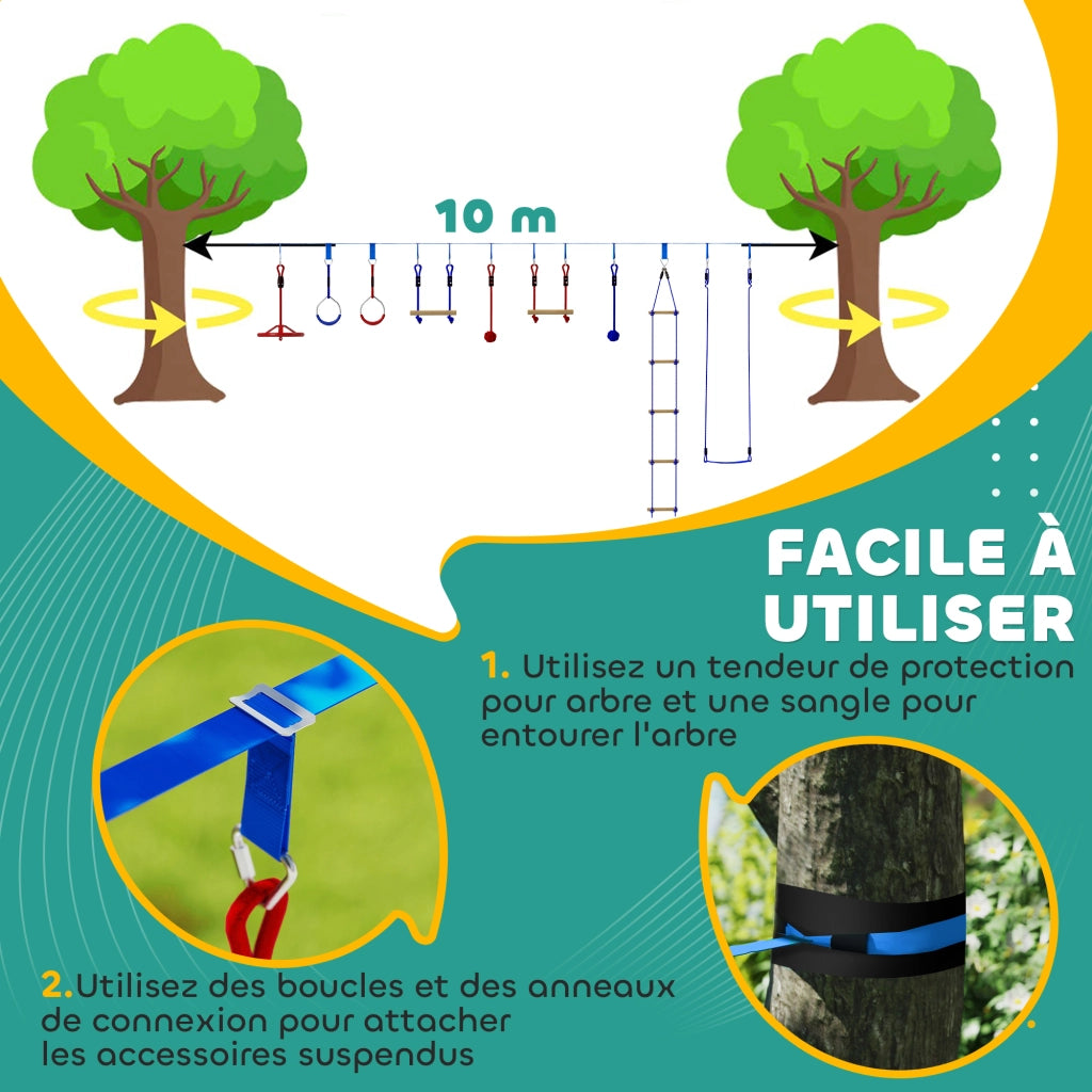 Percorso ostacoli ninja per bambini ¨C Xylo ¨C 10 accessori con slackline 10m e borsa, blu