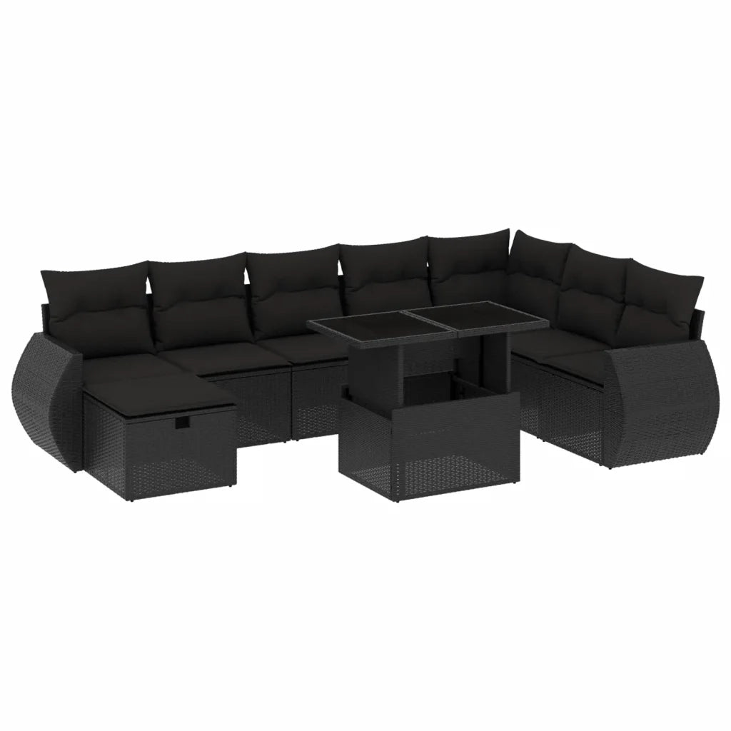 Set Divani da Giardino 9 pz con Cuscini Nero in Polyrattan