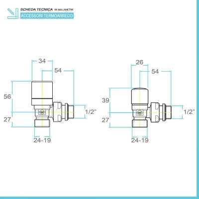 Coppia valvola termostatica e detentore bianco con raccordo rame 12 mm